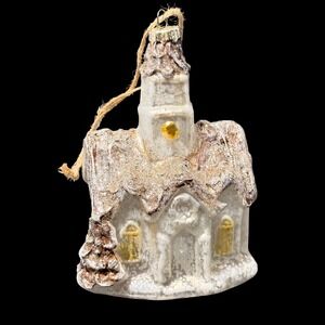 Vintage Style Mercury Glass Church Christmas Ornament Glitter Snow White 4.5"